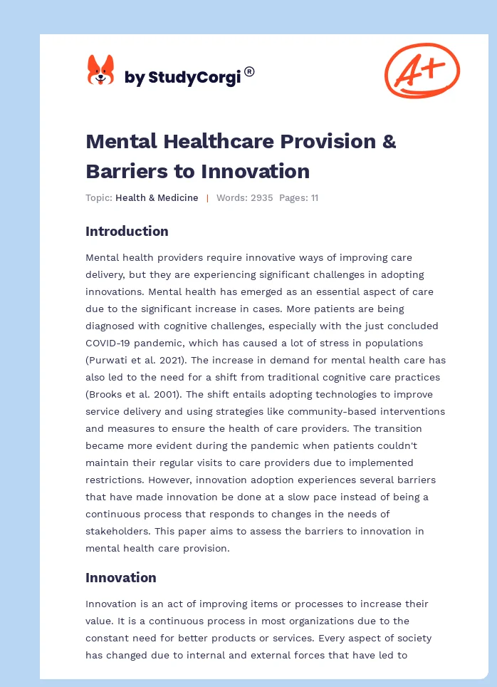 Mental Healthcare Provision & Barriers to Innovation. Page 1