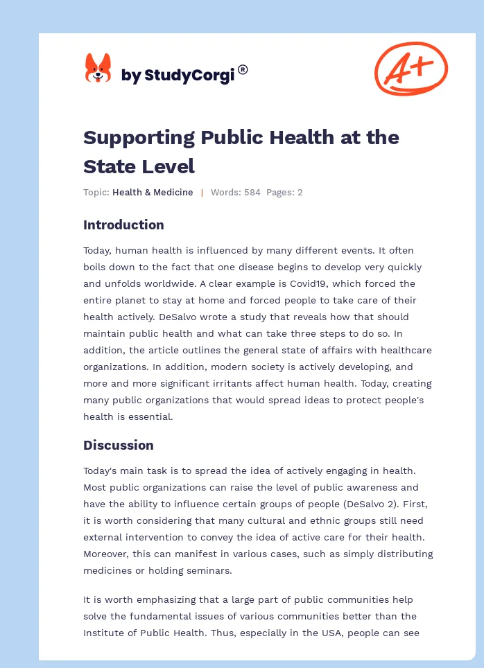 Supporting Public Health at the State Level. Page 1
