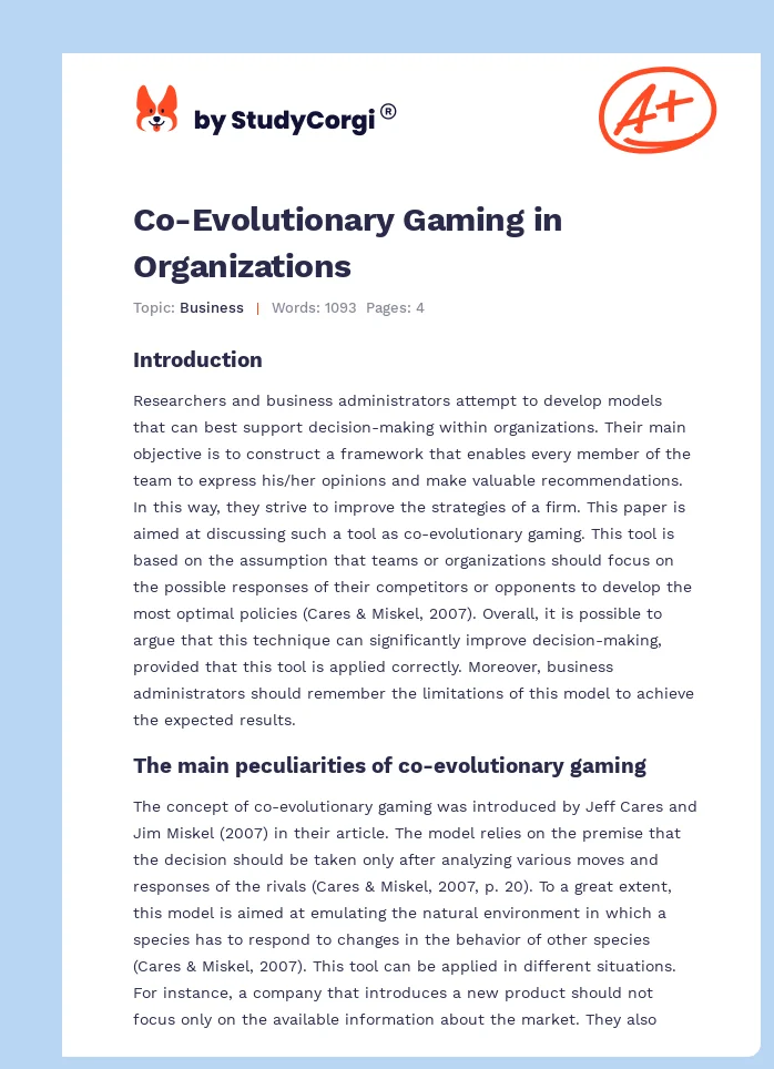 Co-Evolutionary Gaming in Organizations. Page 1