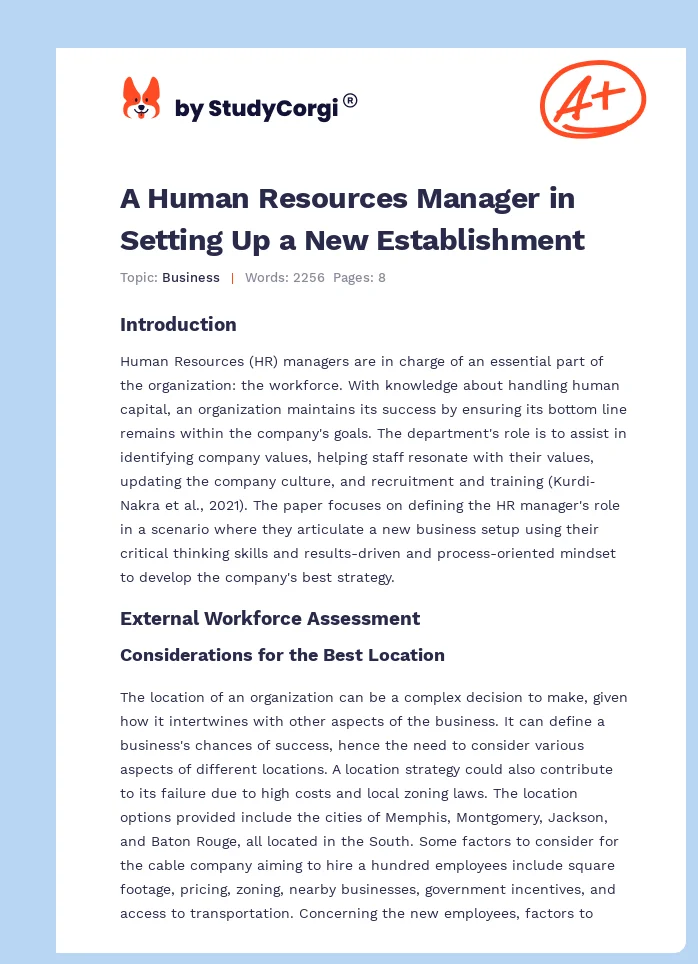 A Human Resources Manager in Setting Up a New Establishment. Page 1