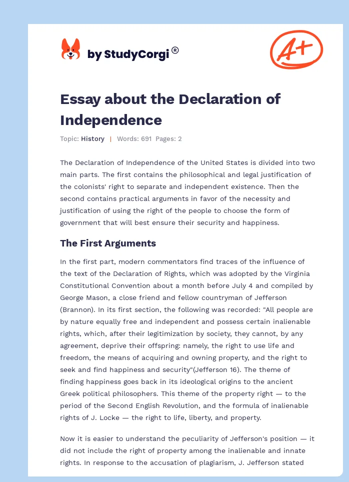 The US Declaration of Independence. Page 1