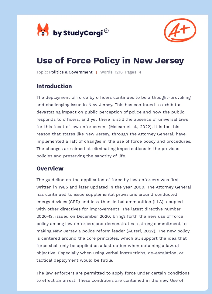 Use of Force Policy in New Jersey. Page 1