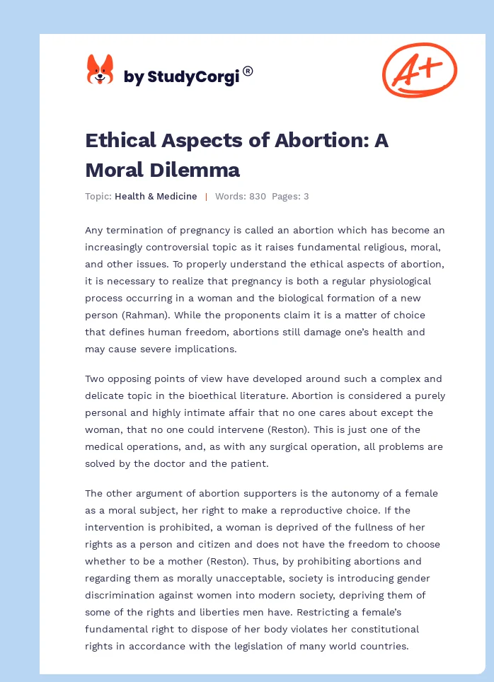Ethical Aspects of Abortion: A Moral Dilemma. Page 1