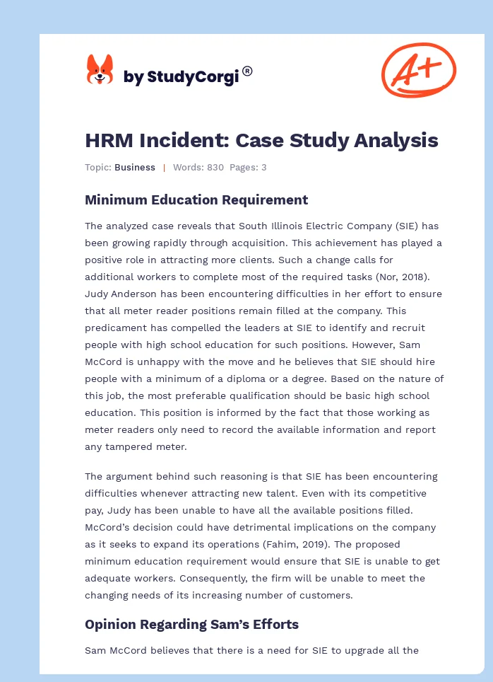 HRM Incident: Case Study Analysis. Page 1