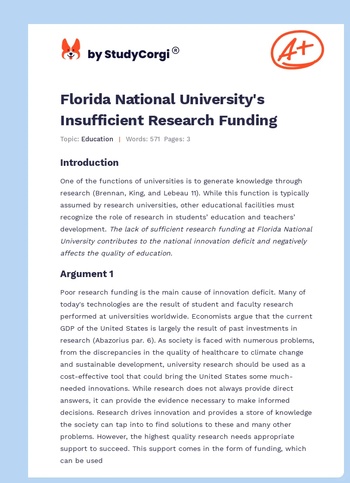 Florida National University's Insufficient Research Funding. Page 1