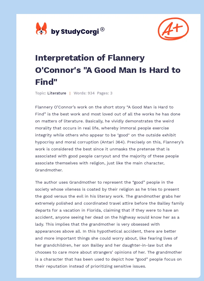 Interpretation of Flannery O'Connor's "A Good Man Is Hard to Find". Page 1