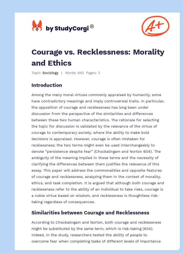 Courage vs. Recklessness: Morality and Ethics. Page 1