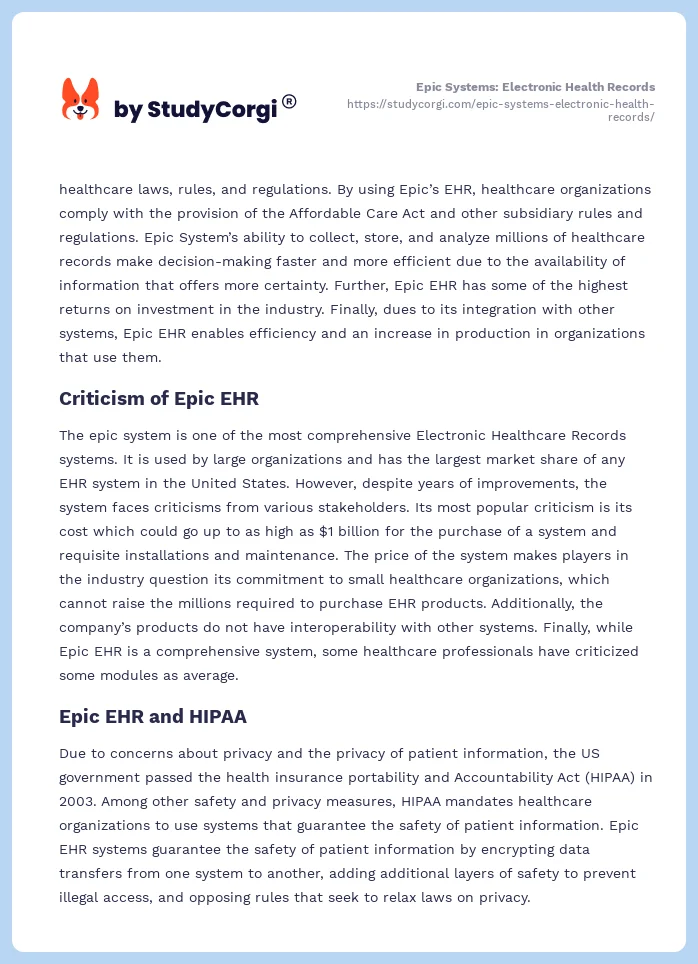 Epic Systems: Electronic Health Records. Page 2