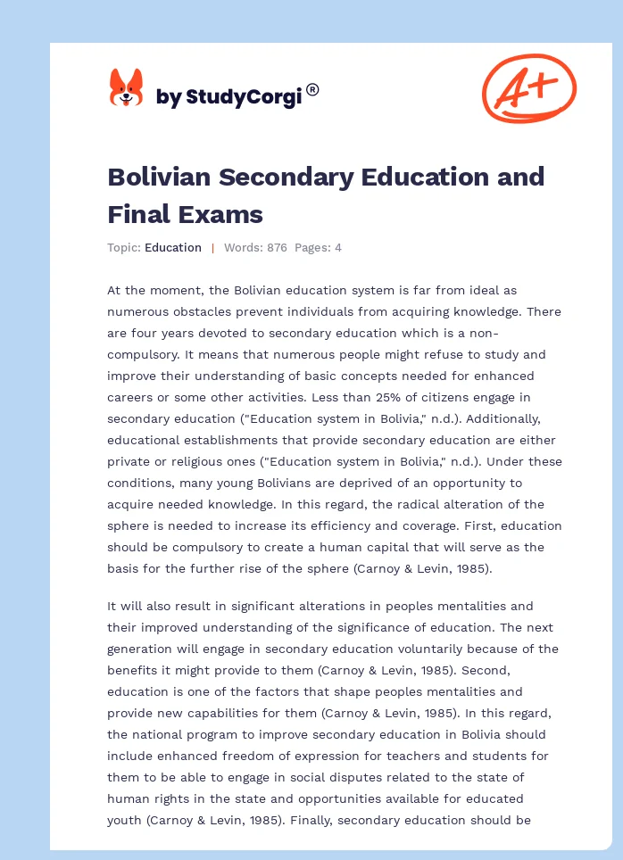 Bolivian Secondary Education and Final Exams. Page 1
