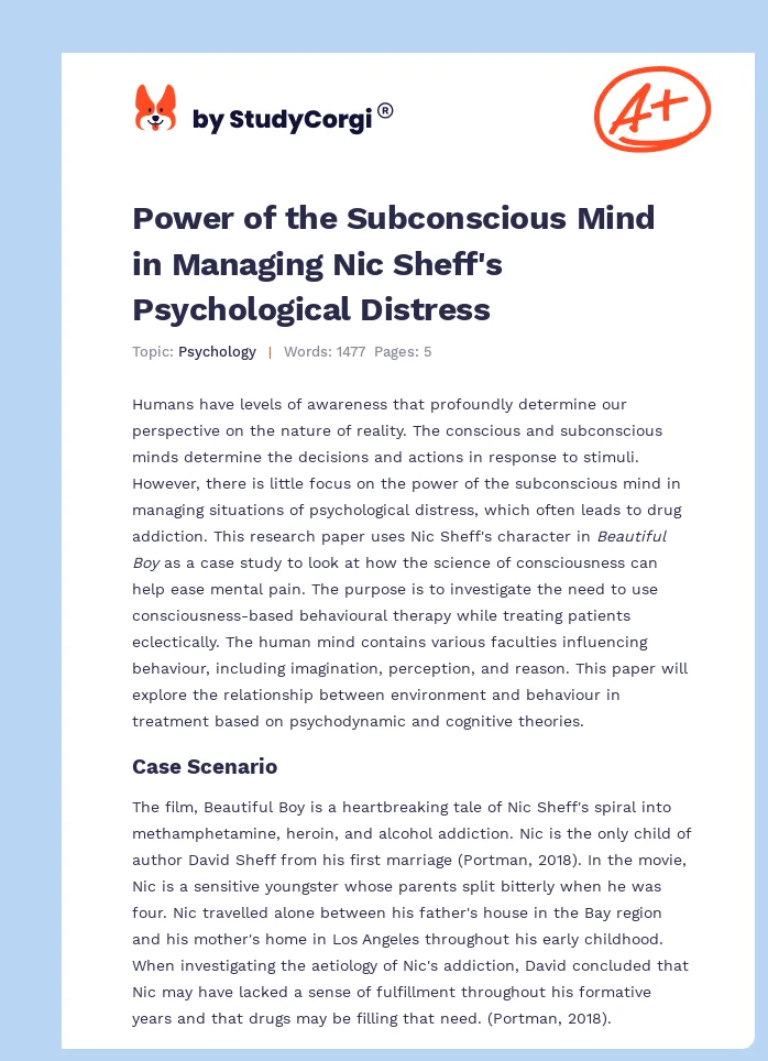 Power of the Subconscious Mind in Managing Nic Sheff's Psychological Distress. Page 1