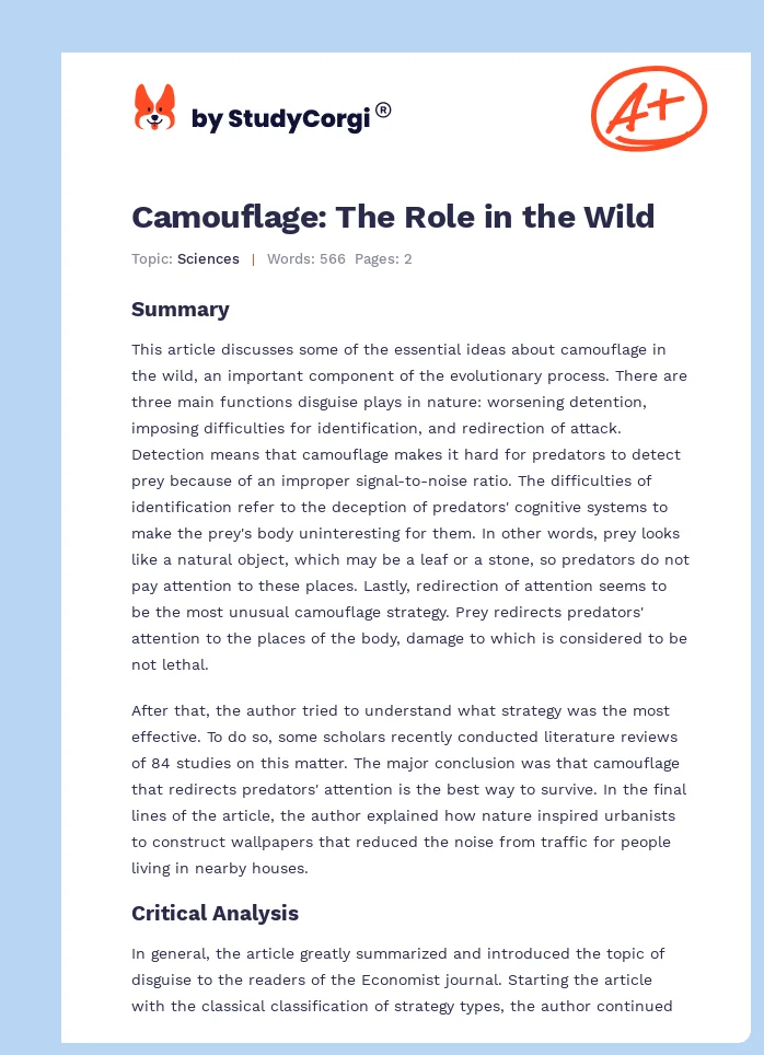 Camouflage: The Role in the Wild. Page 1