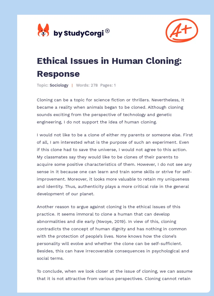 Ethical Issues in Human Cloning: Response. Page 1