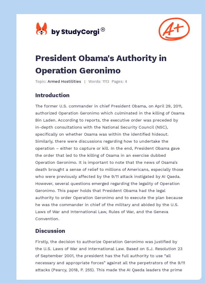 President Obama's Authority in Operation Geronimo. Page 1