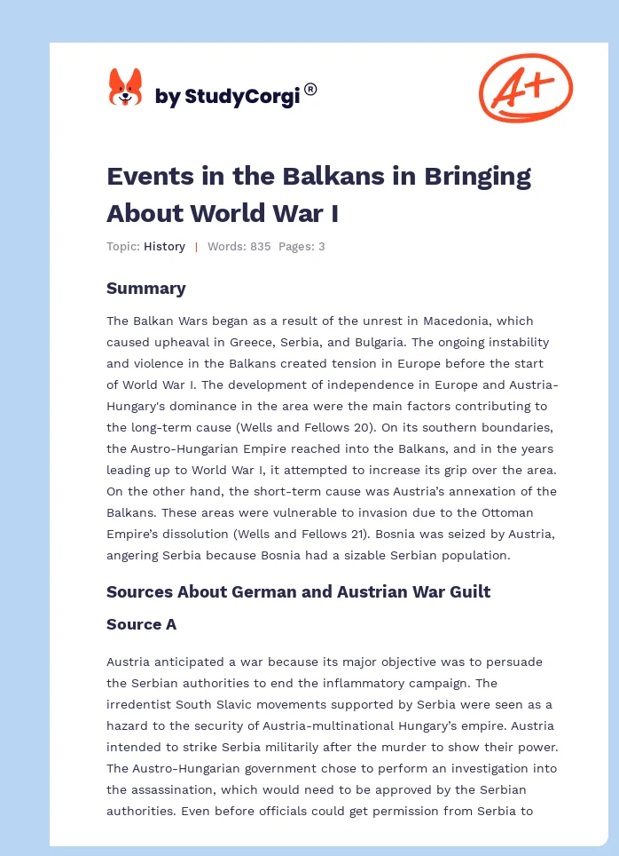 Events in the Balkans in Bringing About World War I. Page 1