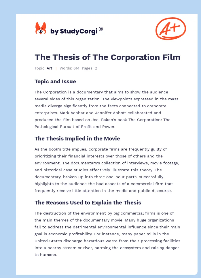 The Thesis of The Corporation Film. Page 1