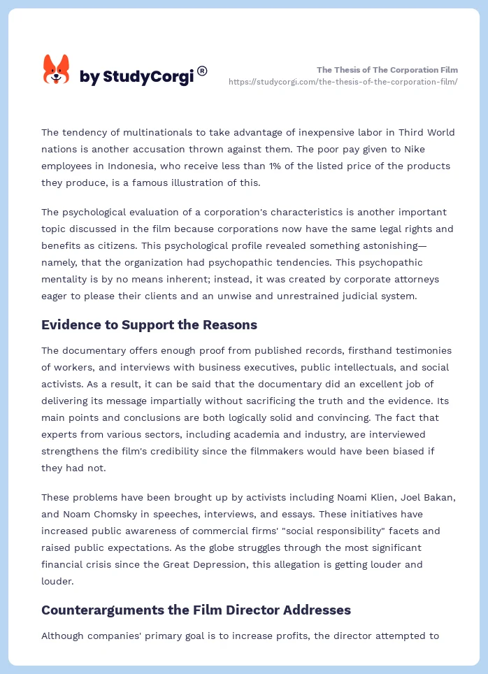 The Thesis of The Corporation Film. Page 2