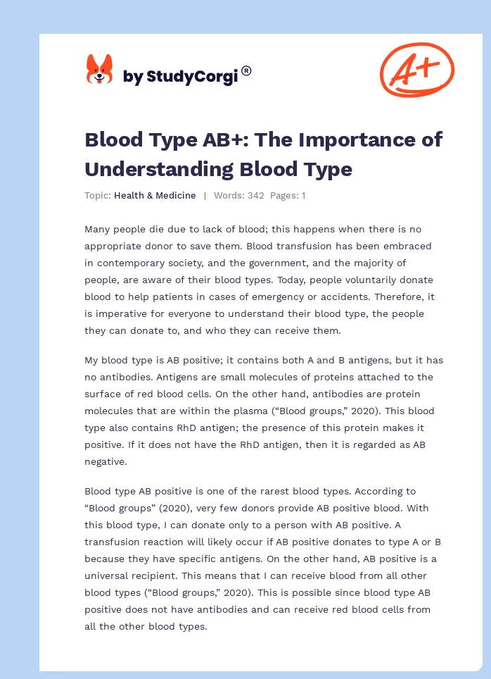 Blood Type AB+: The Importance of Understanding Blood Type. Page 1
