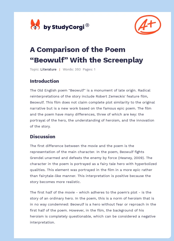 A Comparison of the Poem “Beowulf” With the Screenplay. Page 1
