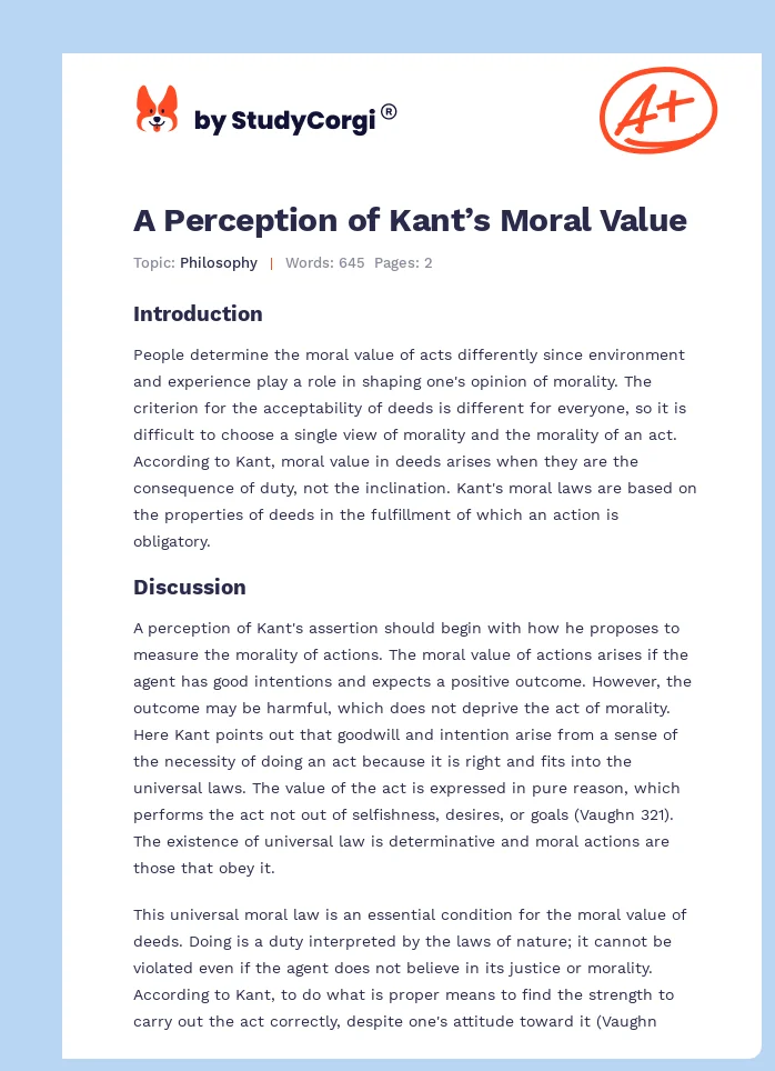 A Perception of Kant’s Moral Value. Page 1