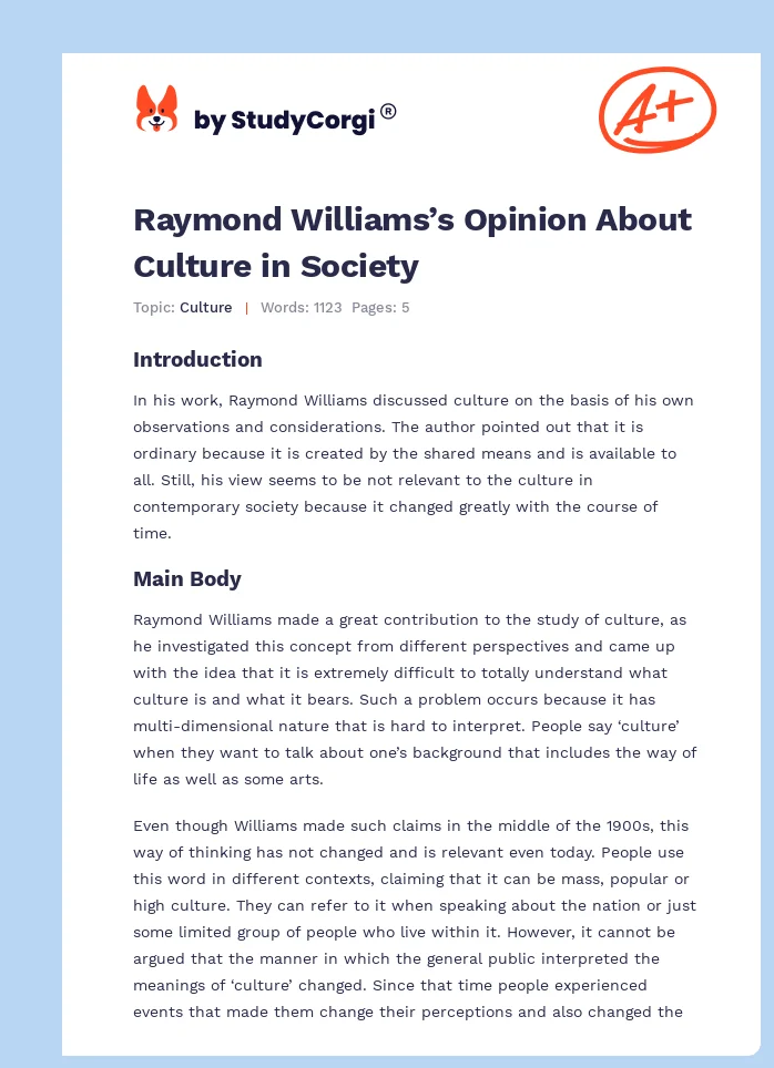Raymond Williams’s Opinion About Culture in Society. Page 1