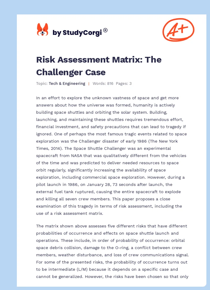 Risk Assessment Matrix: The Challenger Case. Page 1