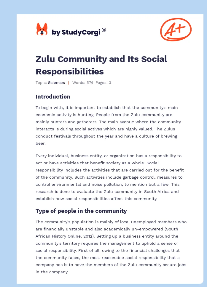Zulu Community and Its Social Responsibilities. Page 1