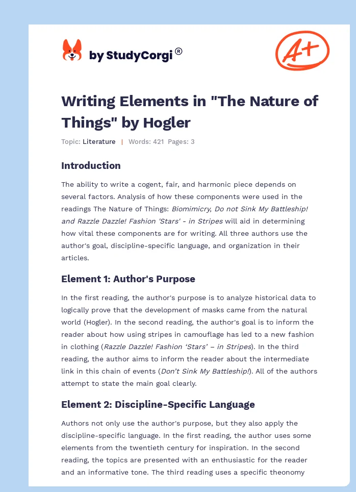 Writing Elements in "The Nature of Things" by Hogler. Page 1