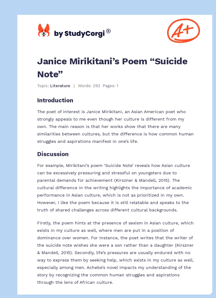 Janice Mirikitani’s Poem “Suicide Note”. Page 1