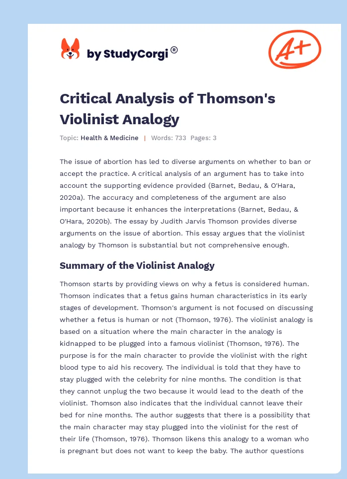 Critical Analysis of Thomson's Violinist Analogy. Page 1