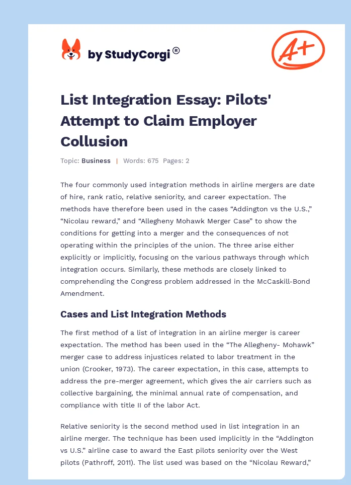 List Integration Essay: Pilots' Attempt to Claim Employer Collusion. Page 1