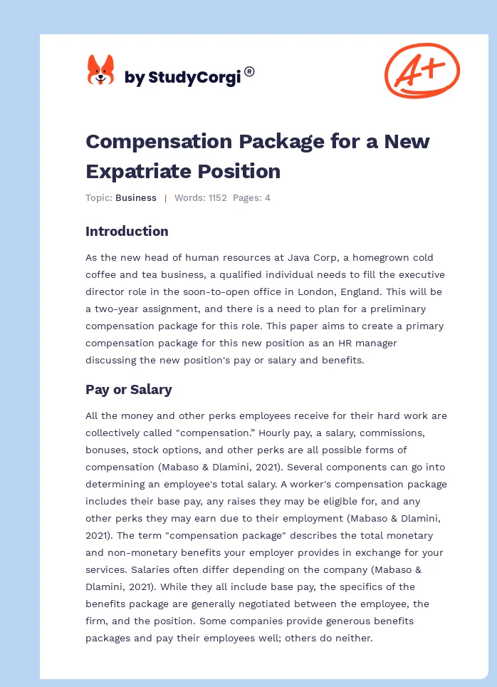 Compensation Package for a New Expatriate Position. Page 1