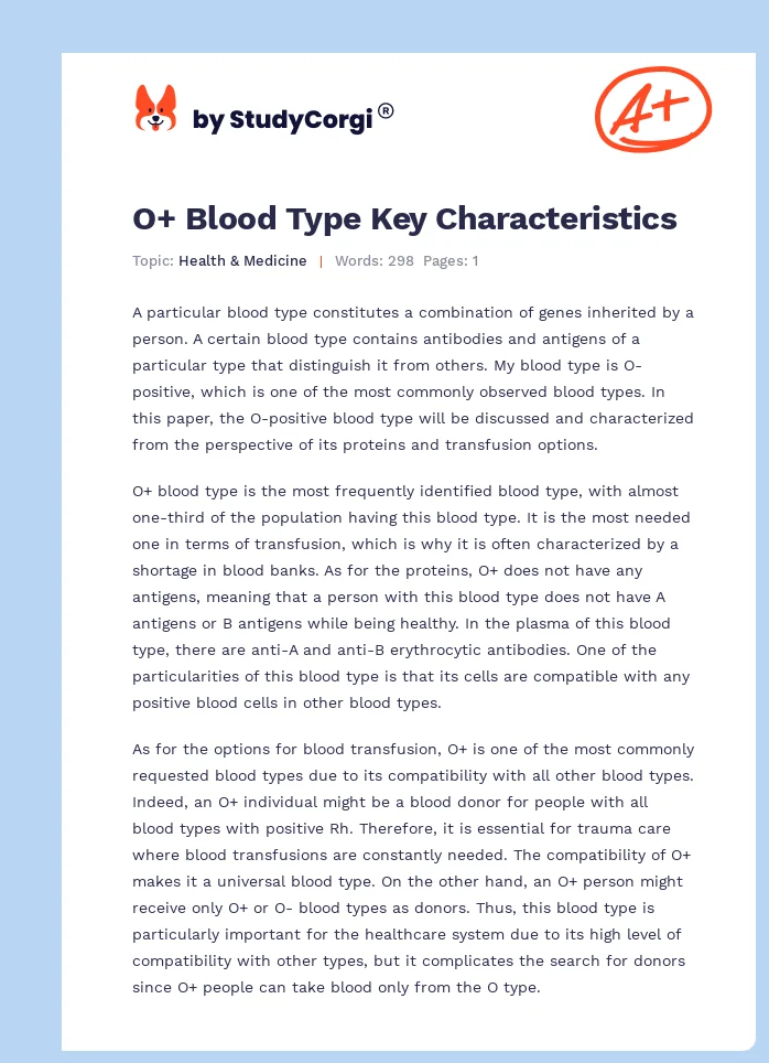 O+ Blood Type Key Characteristics. Page 1