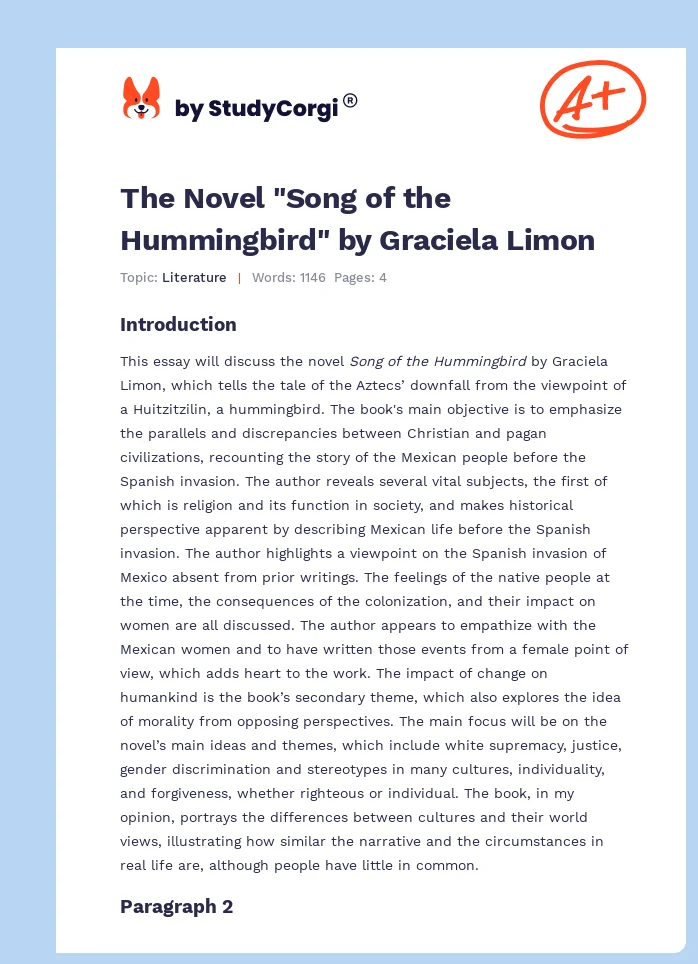 The Novel "Song of the Hummingbird" by Graciela Limon. Page 1