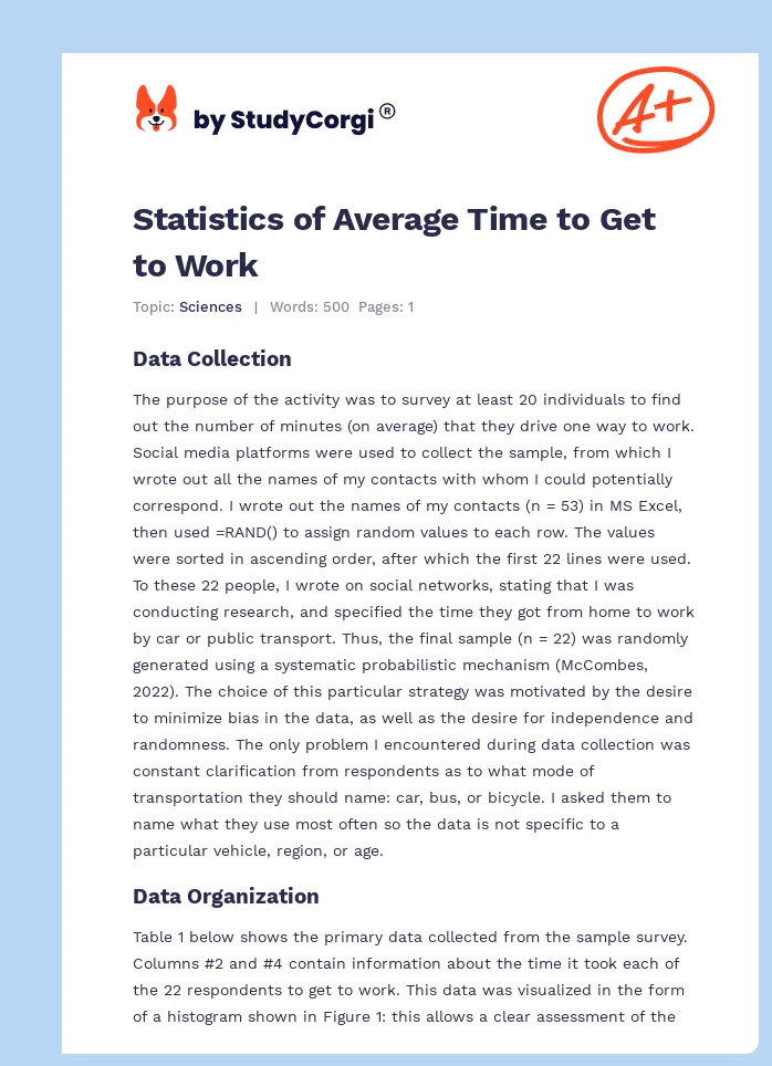 Statistics of Average Time to Get to Work. Page 1