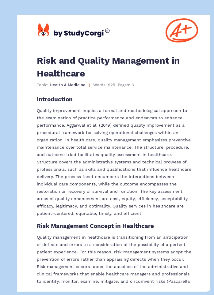 Risk and Quality Management in Healthcare. Page 1