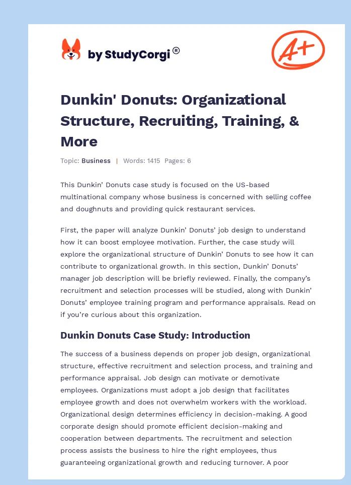 Dunkin' Donuts: Organizational Structure, Recruiting, Training, & More. Page 1