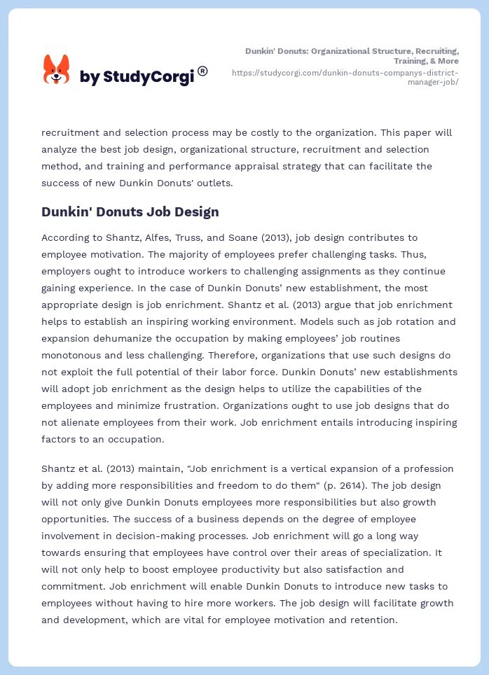 Dunkin' Donuts: Organizational Structure, Recruiting, Training, & More. Page 2