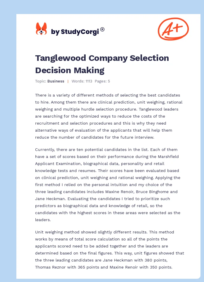 Tanglewood Company Selection Decision Making. Page 1