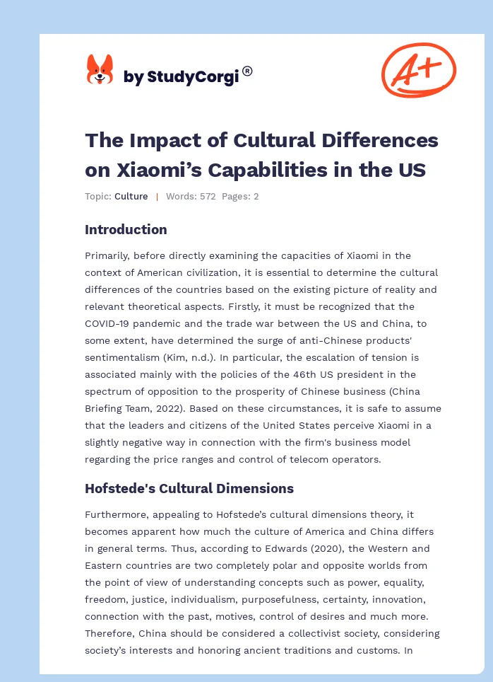 The Impact of Cultural Differences on Xiaomi’s Capabilities in the US. Page 1
