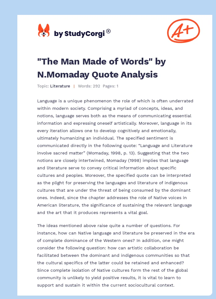 "The Man Made of Words" by N.Momaday Quote Analysis. Page 1