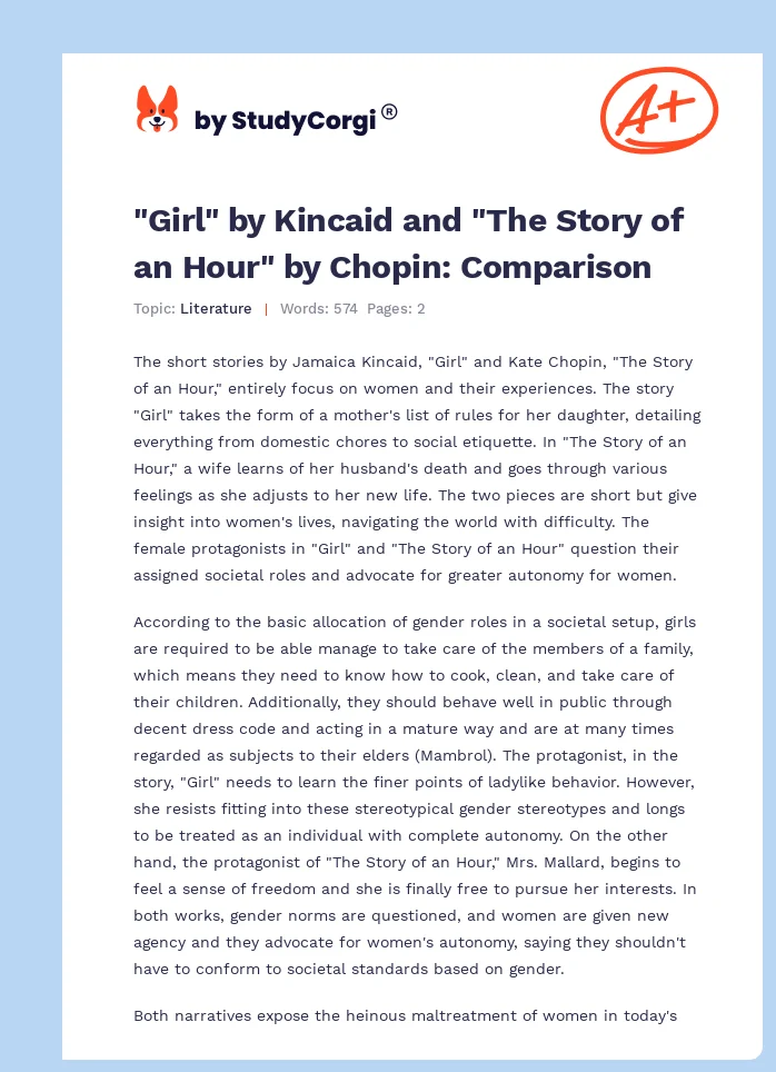 "Girl" by Kincaid and "The Story of an Hour" by Chopin: Comparison. Page 1