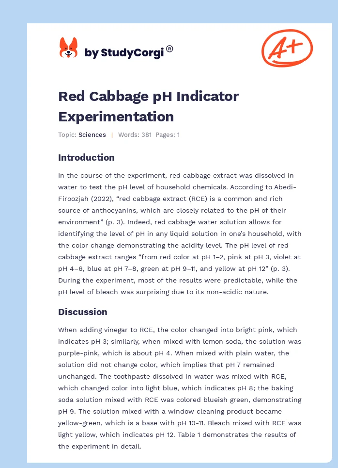 Red Cabbage pH Indicator Experimentation. Page 1