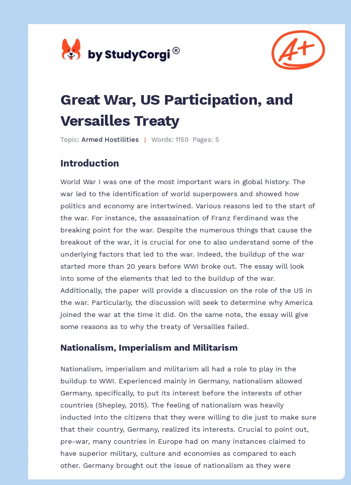 Great War, US Participation, and Versailles Treaty. Page 1