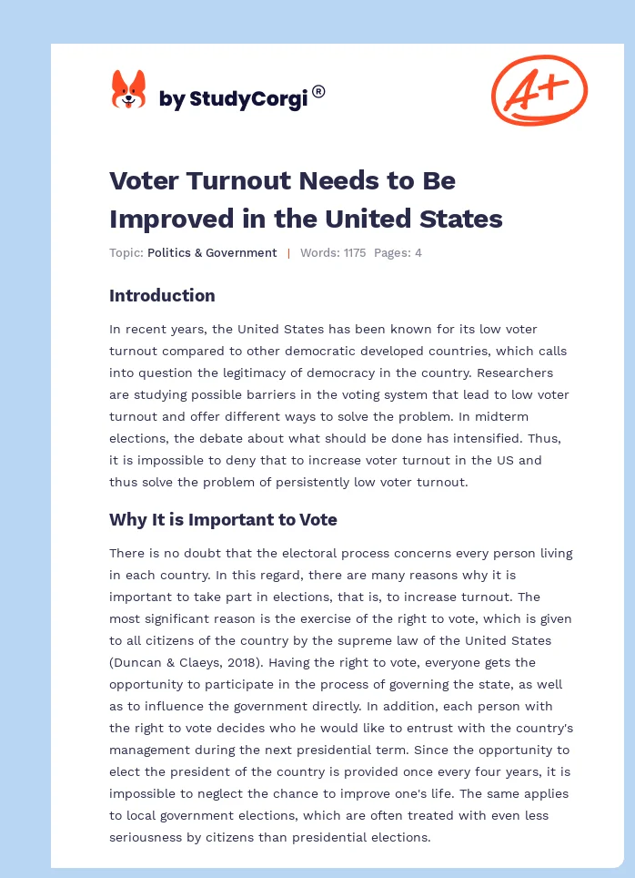 Voter Turnout Needs to Be Improved in the United States. Page 1