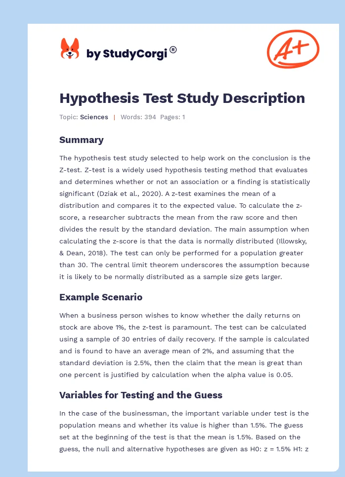 Hypothesis Test Study Description. Page 1