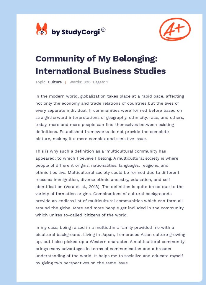 Community of My Belonging: International Business Studies. Page 1