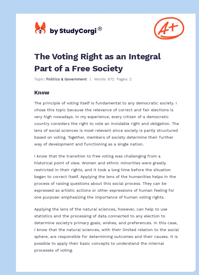 The Voting Right as an Integral Part of a Free Society. Page 1