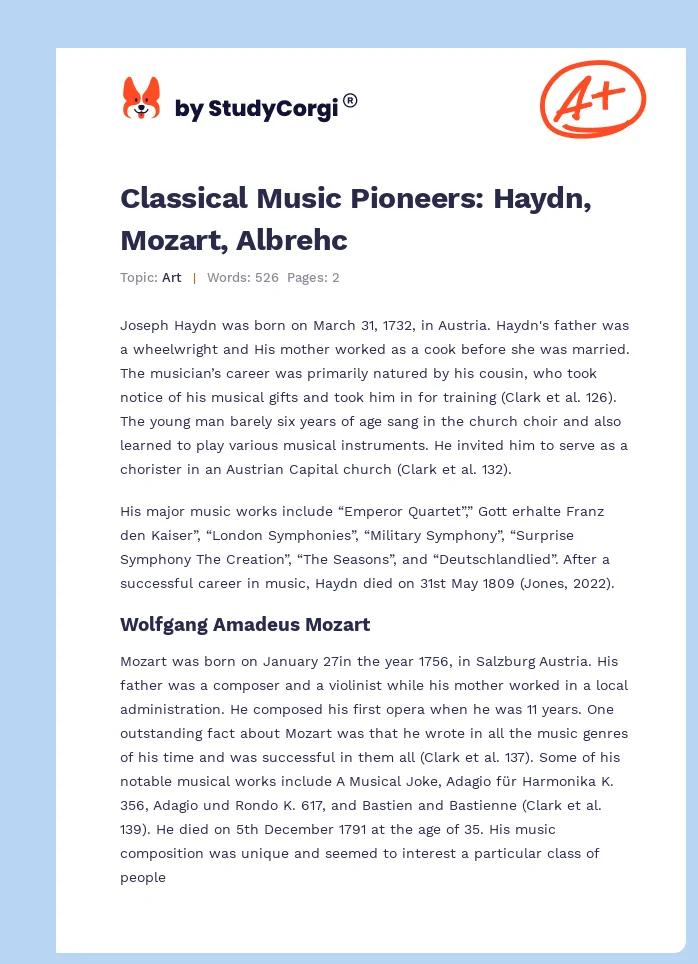 Classical Music Pioneers: Haydn, Mozart, Albrehc. Page 1