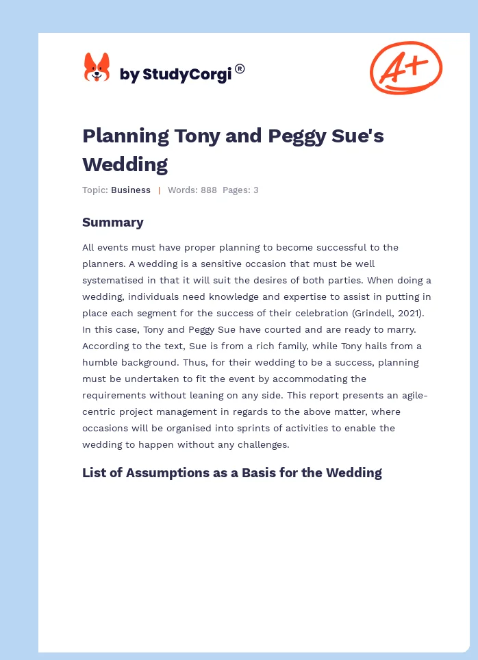 Planning Tony and Peggy Sue's Wedding. Page 1