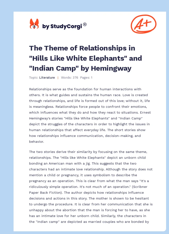 The Theme of Relationships in "Hills Like White Elephants" and "Indian Camp" by Hemingway. Page 1